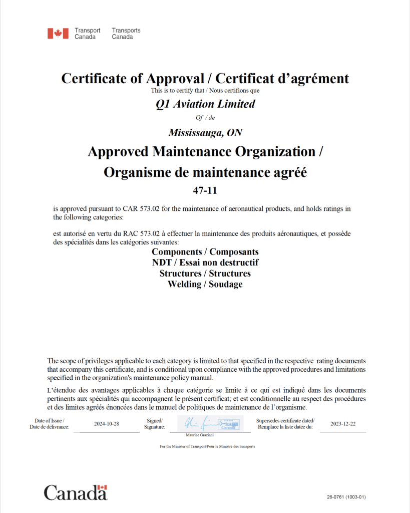 Aprroved pursuant to CAR 573.02 for the maintenance of aeronautical products and holds rating in the following categories Components, NDT, Structures, Welding